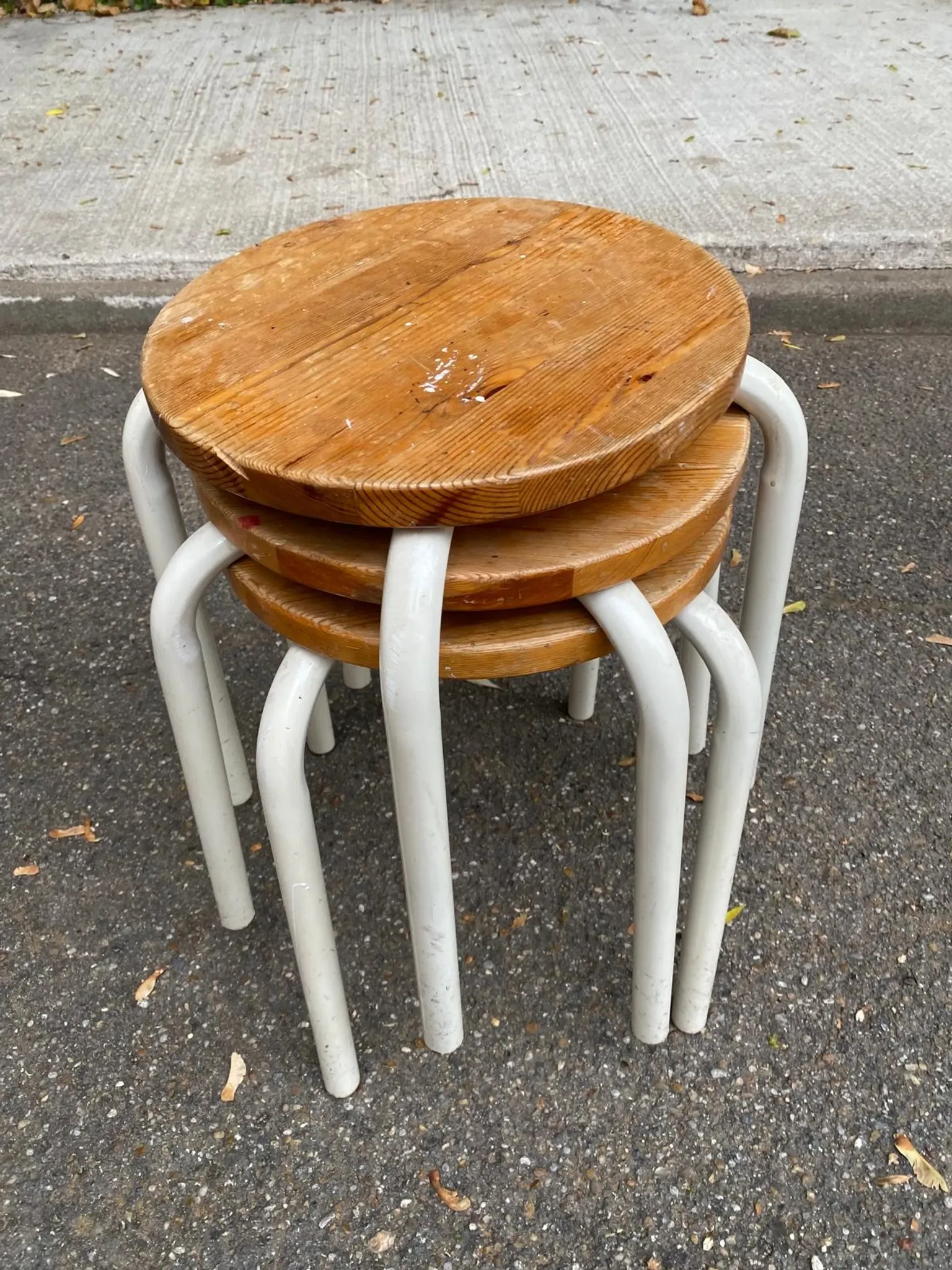 Set of 3 stackable stools in Ikea Frosta style, solid wood and steel, 1990.