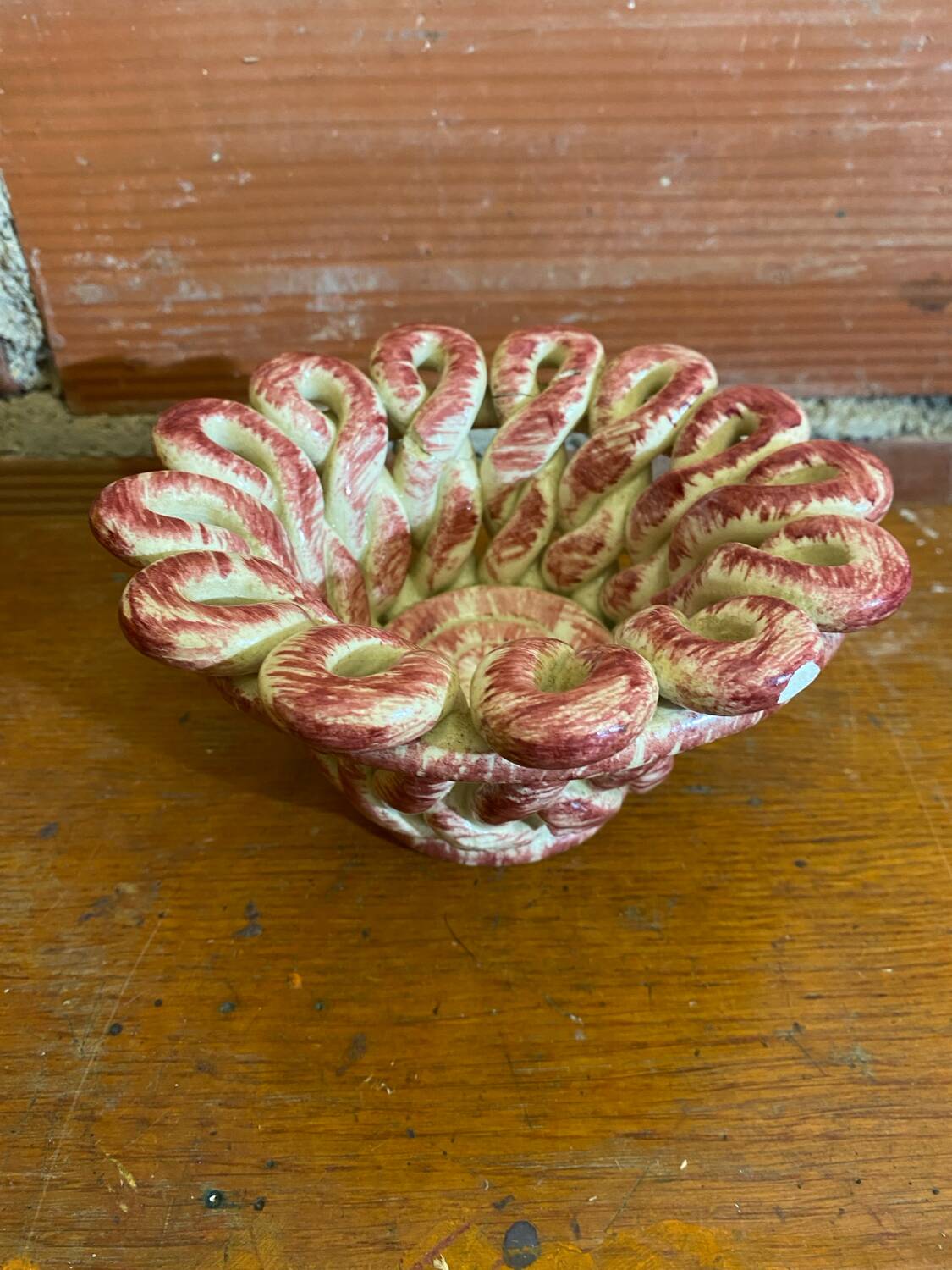 Antique White & Pink Openwork Braided Ceramic Barbotine Cup Vintage