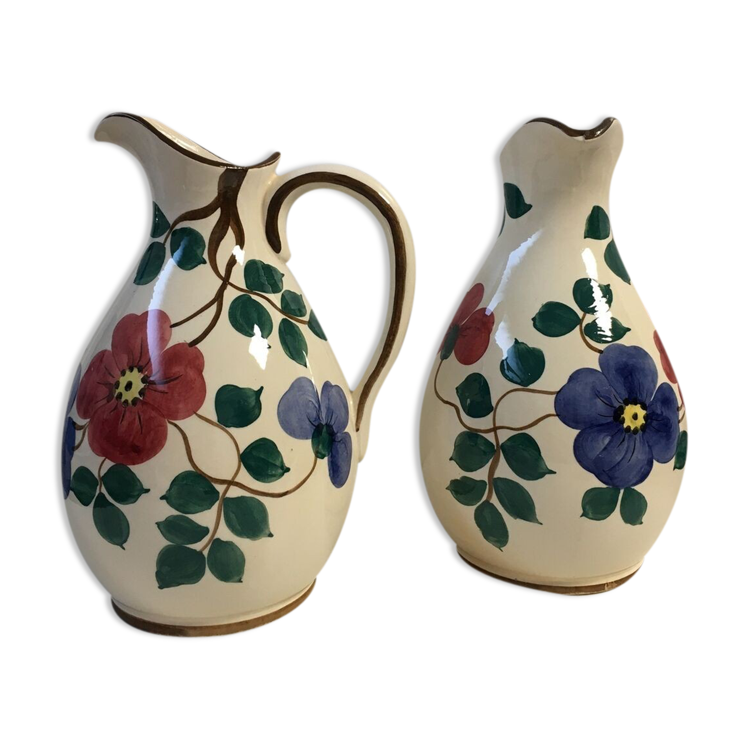 Pair of pitcher vases with spout handle deco numbered flower