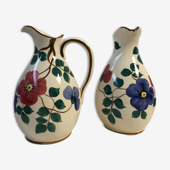 Pair of pitcher vases with spout handle deco numbered flower