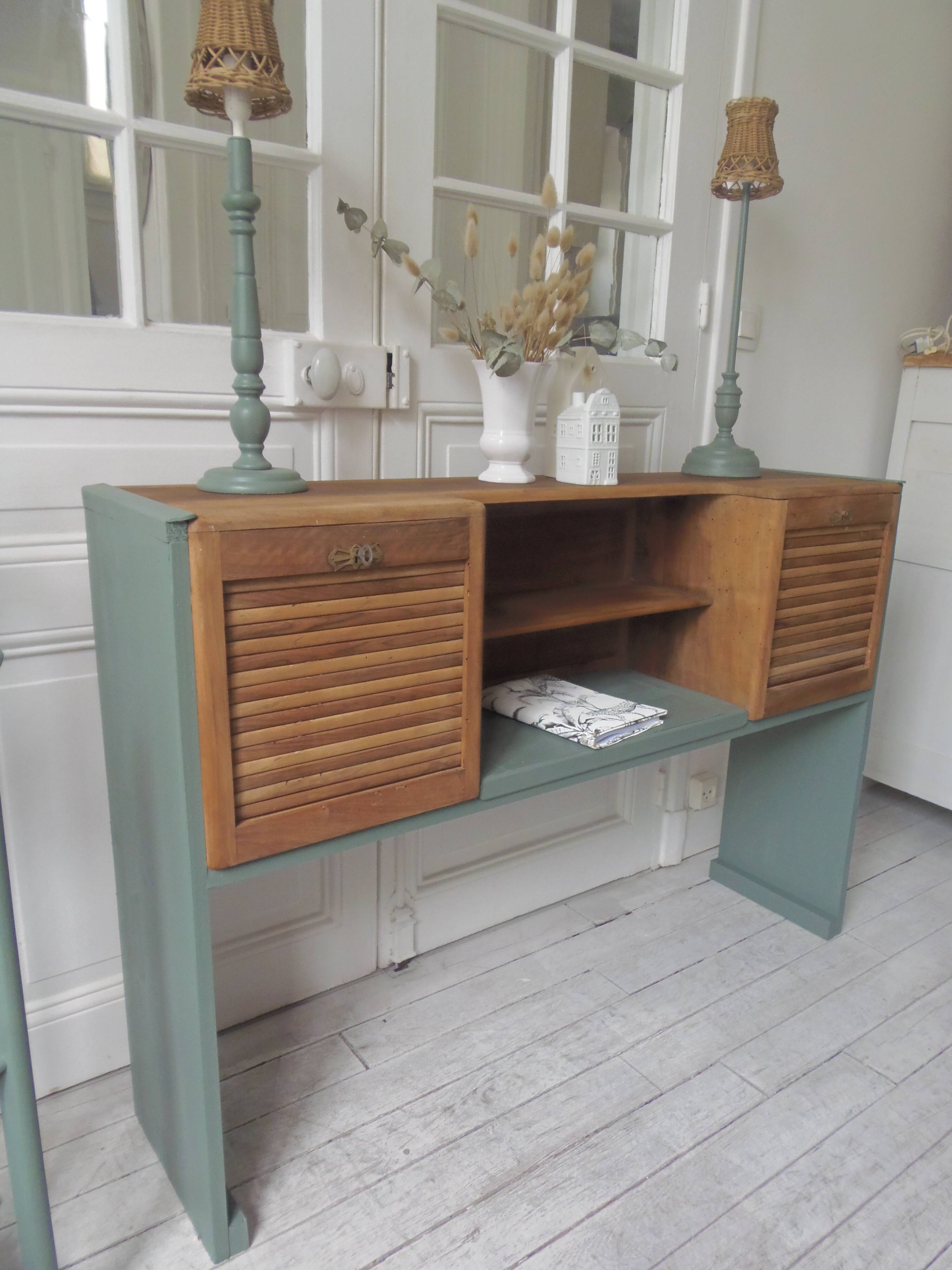 Console made with some old walnut elements. Unique smoky green piece.