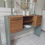 Console made with some old walnut elements. Unique smoky green piece.