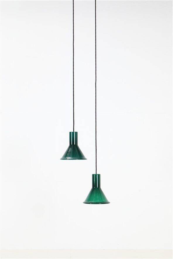 2 suspensions “Mini P&T" en verre vert Holmegaard Michael Bang, années 1970