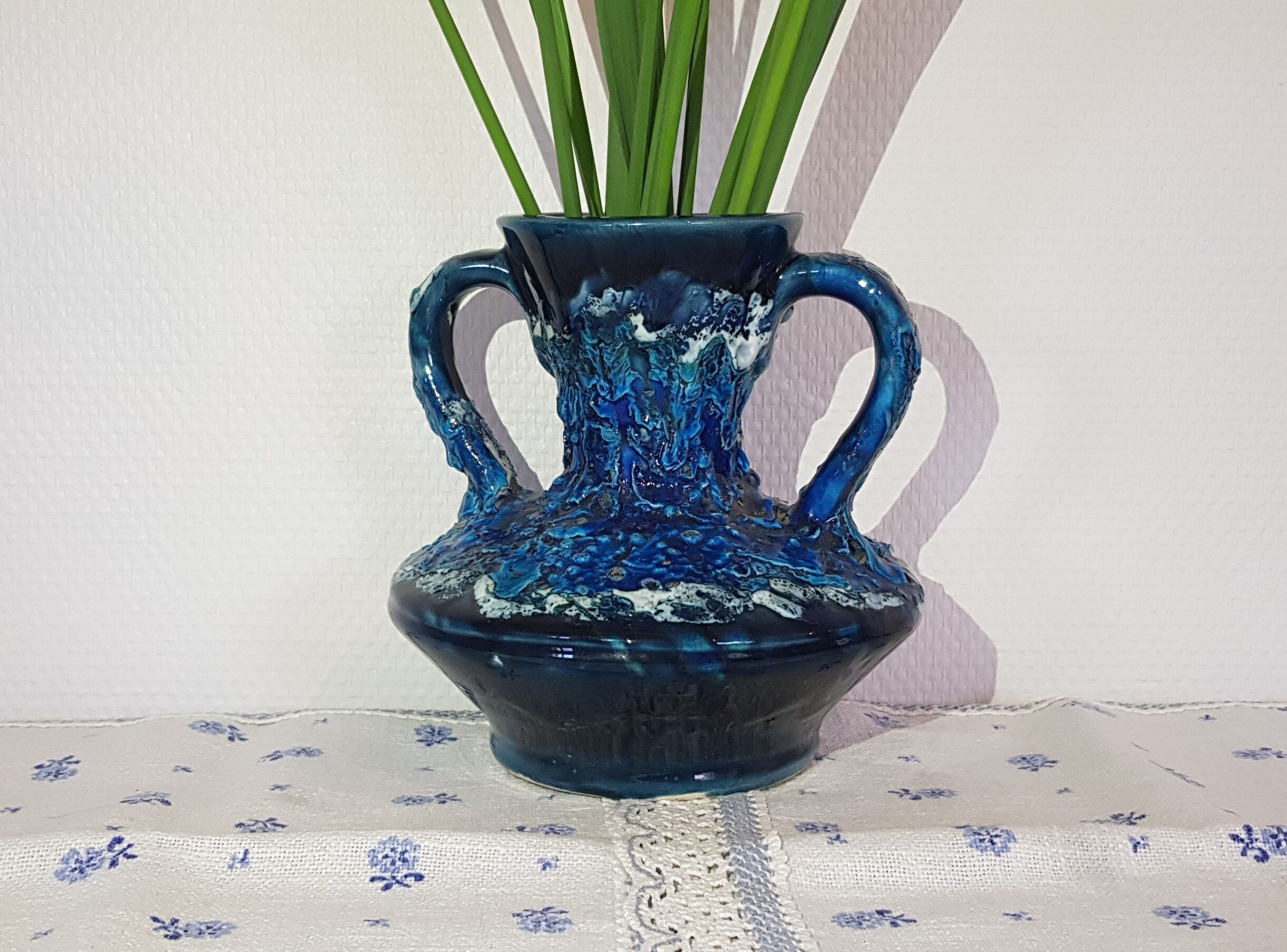 Blue and black Vallauris vase - sea foam