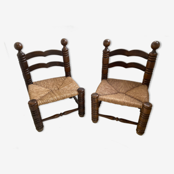 Pair of low oak and straw chairs