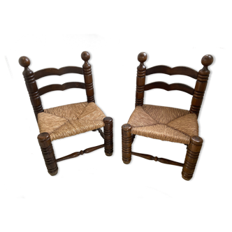 Pair of low oak and straw chairs