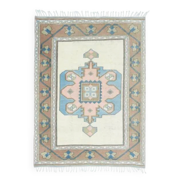 Tapis en laine et coton beige turc vintage noué à la main 193x263