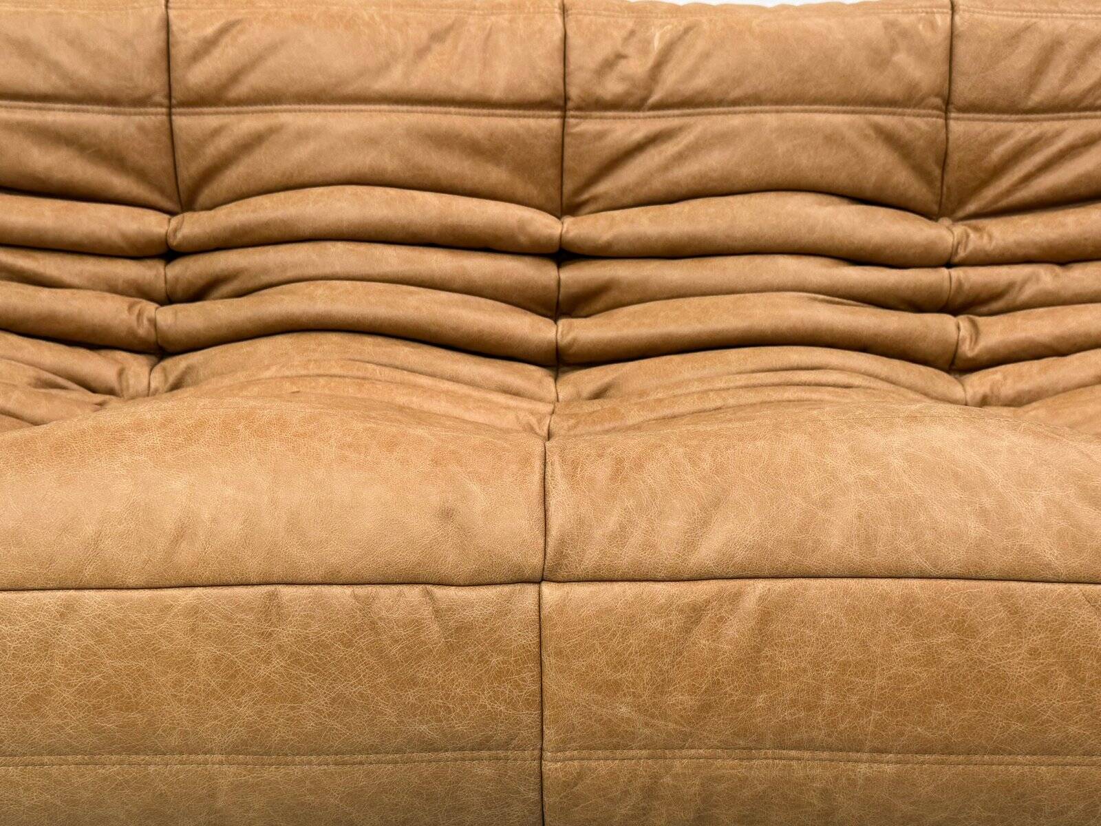 French Togo 3-seater sofa in camel leather attributed to Michel Ducaroy for Ligne Roset