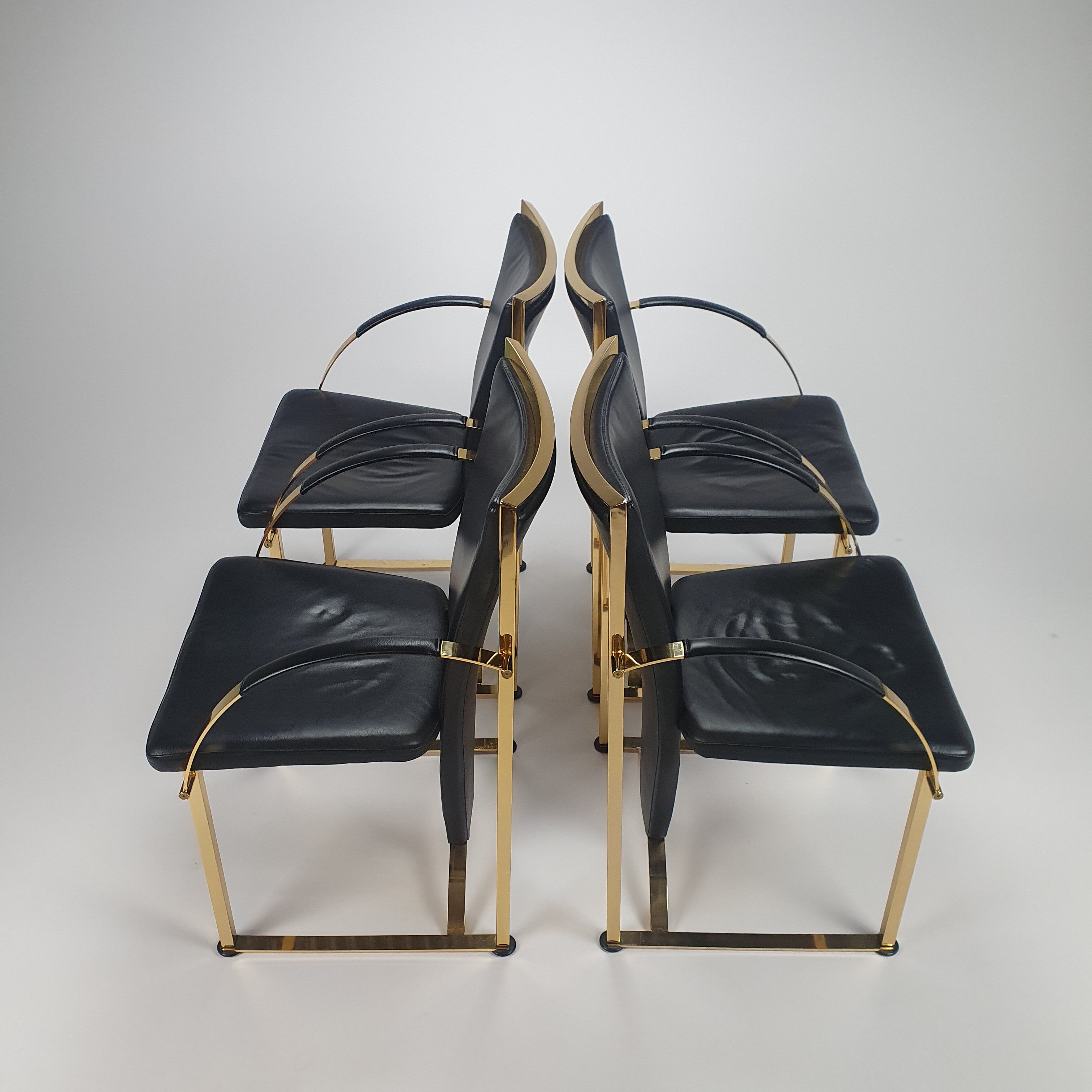 Regency exclusive brass & leather dining chairs by Ronald Schmitt, Set of 4