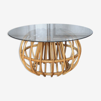 Round smoked glass rattan coffee table