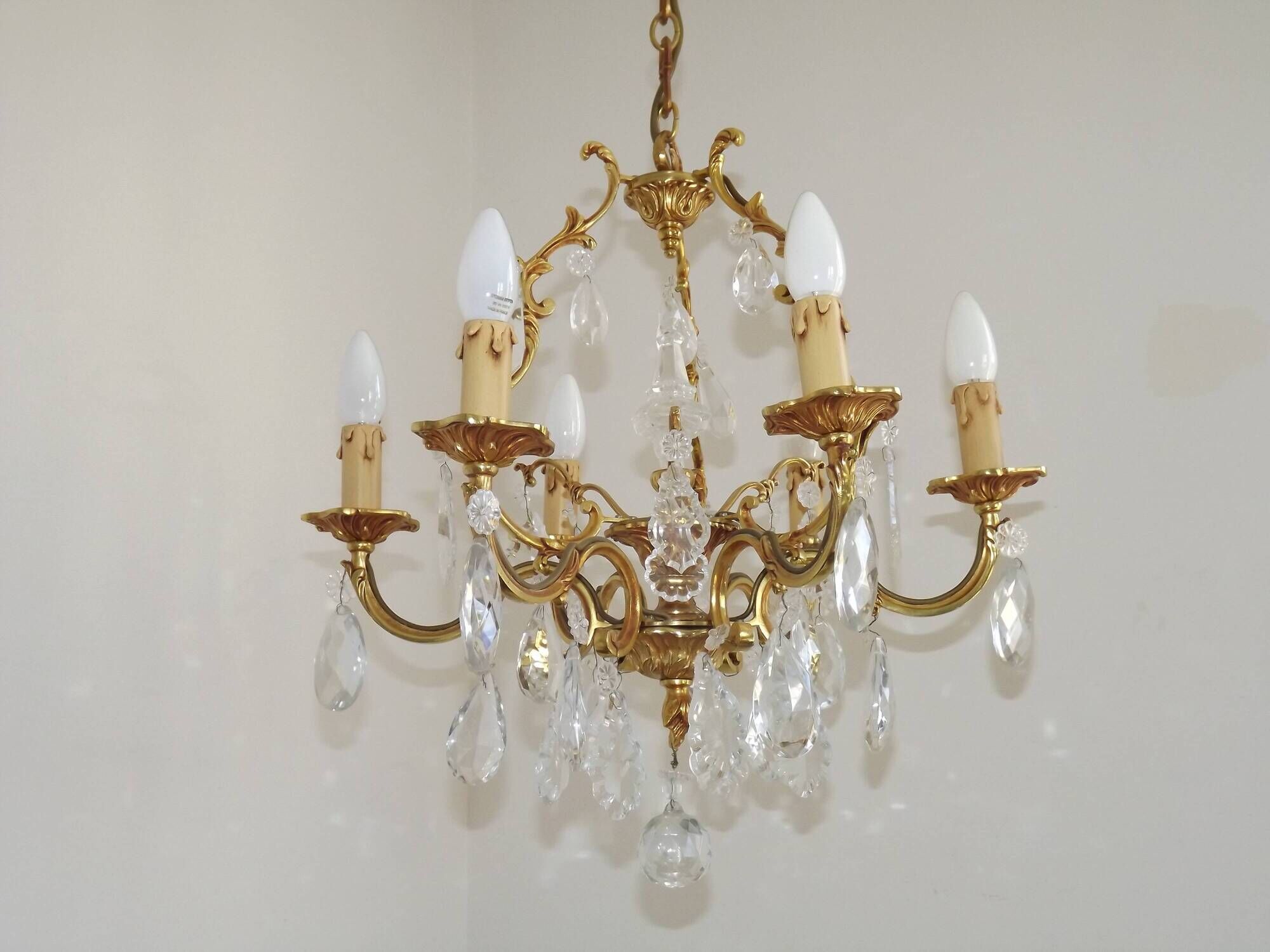 Mid Century Louis XV style cage chandelier - 6 arms - Brass and Crystal