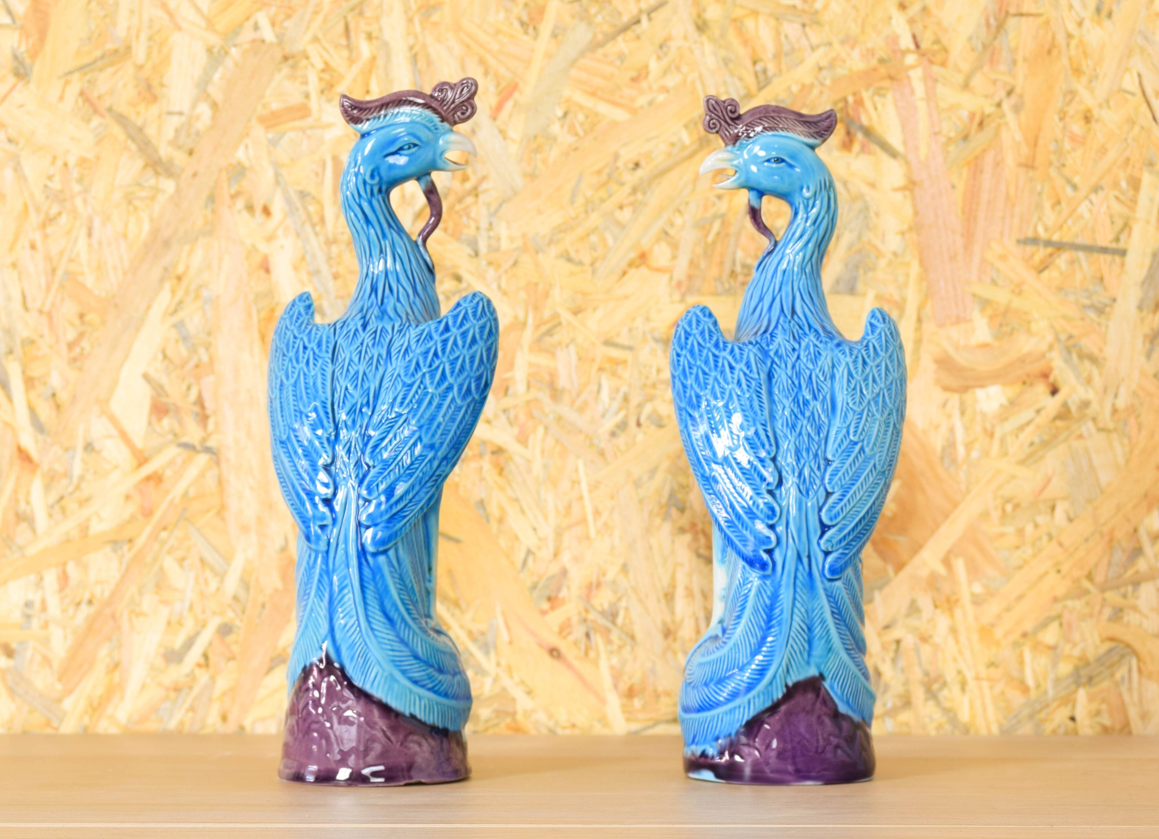 Mid Century Chinise Pair of Turquoise Porcelain Peacocks 50s