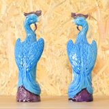 Mid Century Chinise Pair of Turquoise Porcelain Peacocks 50s