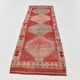 Tapis kilim ancien tons rouges et gris, motifs géométriques turcs,99x343 Cm