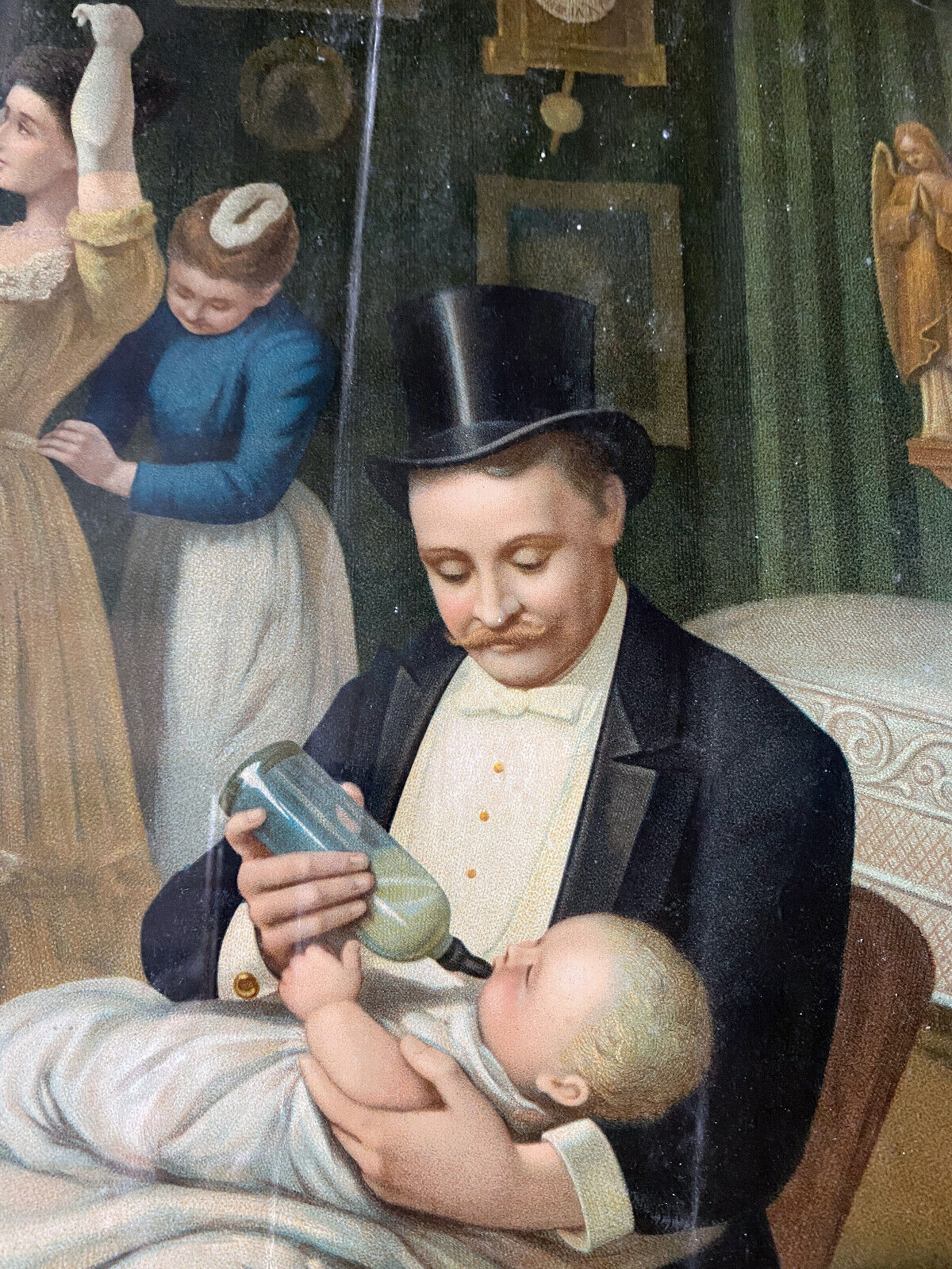 Painting chromo 1900 elegant parisian family scene and papa bottle