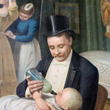 Painting chromo 1900 elegant parisian family scene and papa bottle