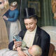 Painting chromo 1900 elegant parisian family scene and papa bottle