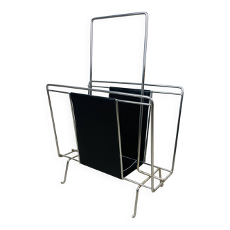 Chrome and black leather magazine rack, 1970s.