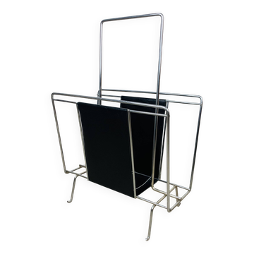 Chrome and black leather magazine rack, 1970s.