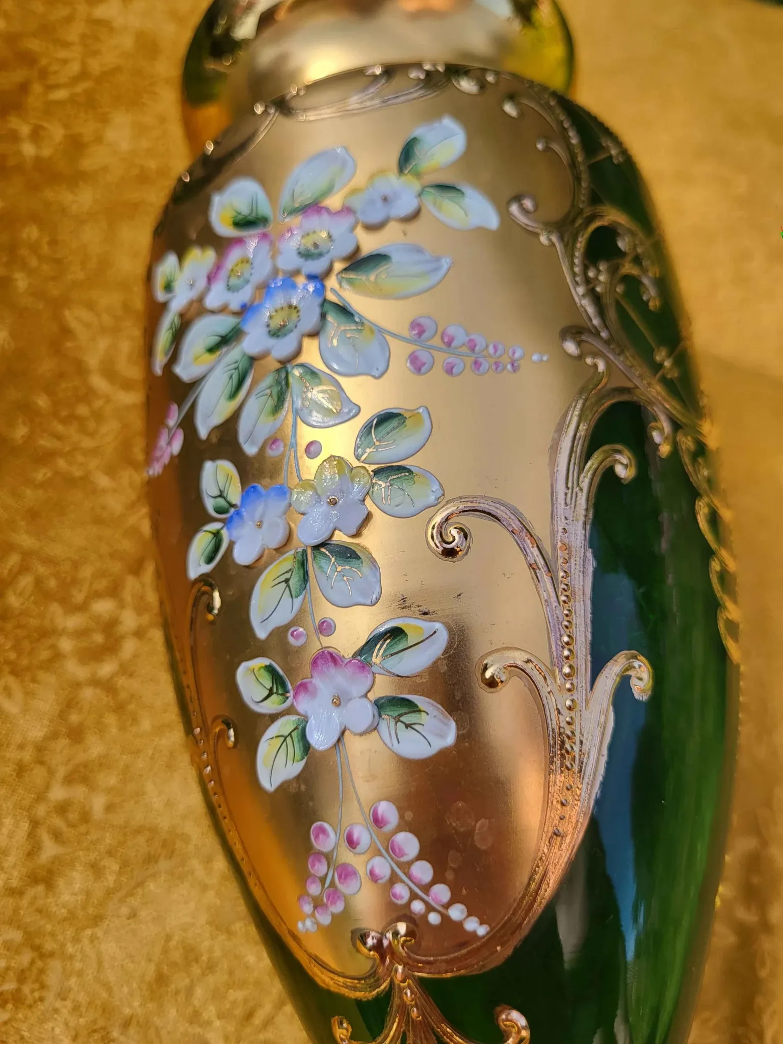 Bohemian Crystal Emerald Green Vase with 24K Gold Encrusted Floral Design