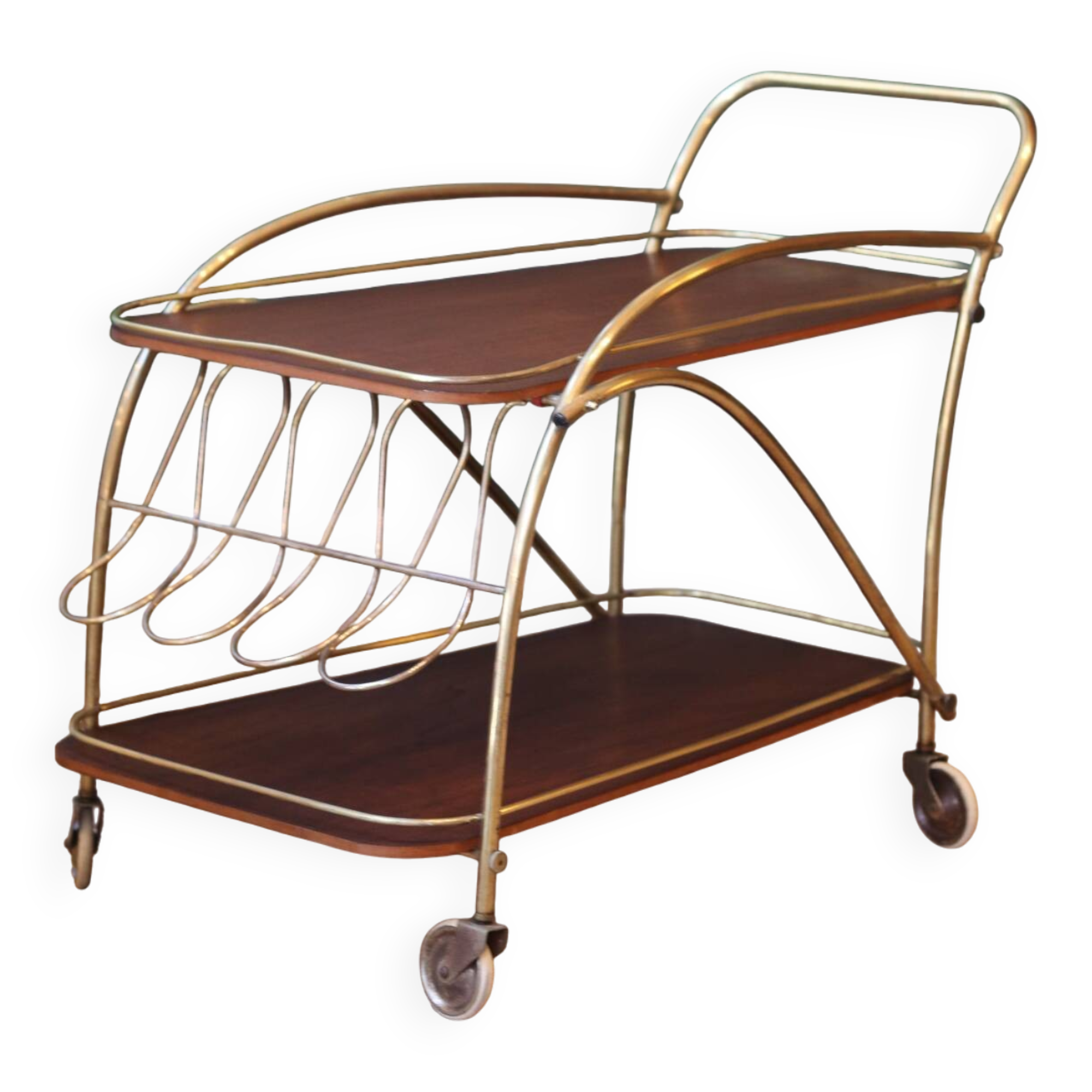 Desserte roulante vintage en laiton et teck – années 50