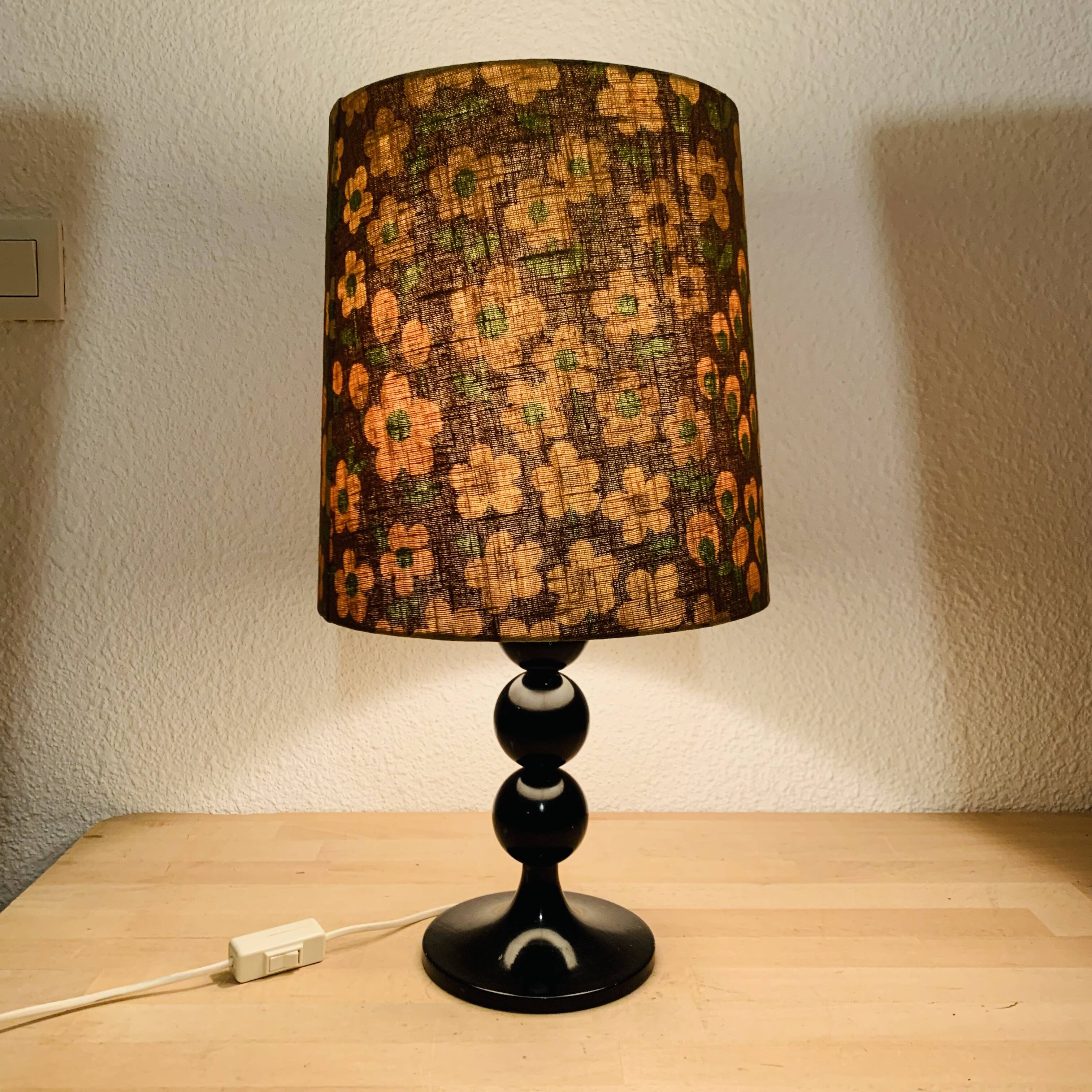 Black turned wood lamp seventies flower lampshade