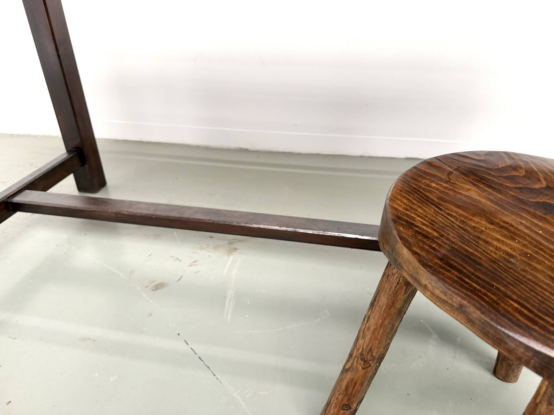 Solid pine workbench, grooved top, satin brown finish.