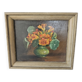 Tableau Huile sur Panneau bouquet de fleurs capucines dans vase Signé L. Fè