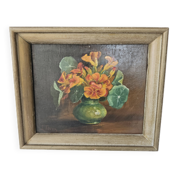 Oil painting on panel bouquet of nasturtium flowers in a vase Signed L. Fè