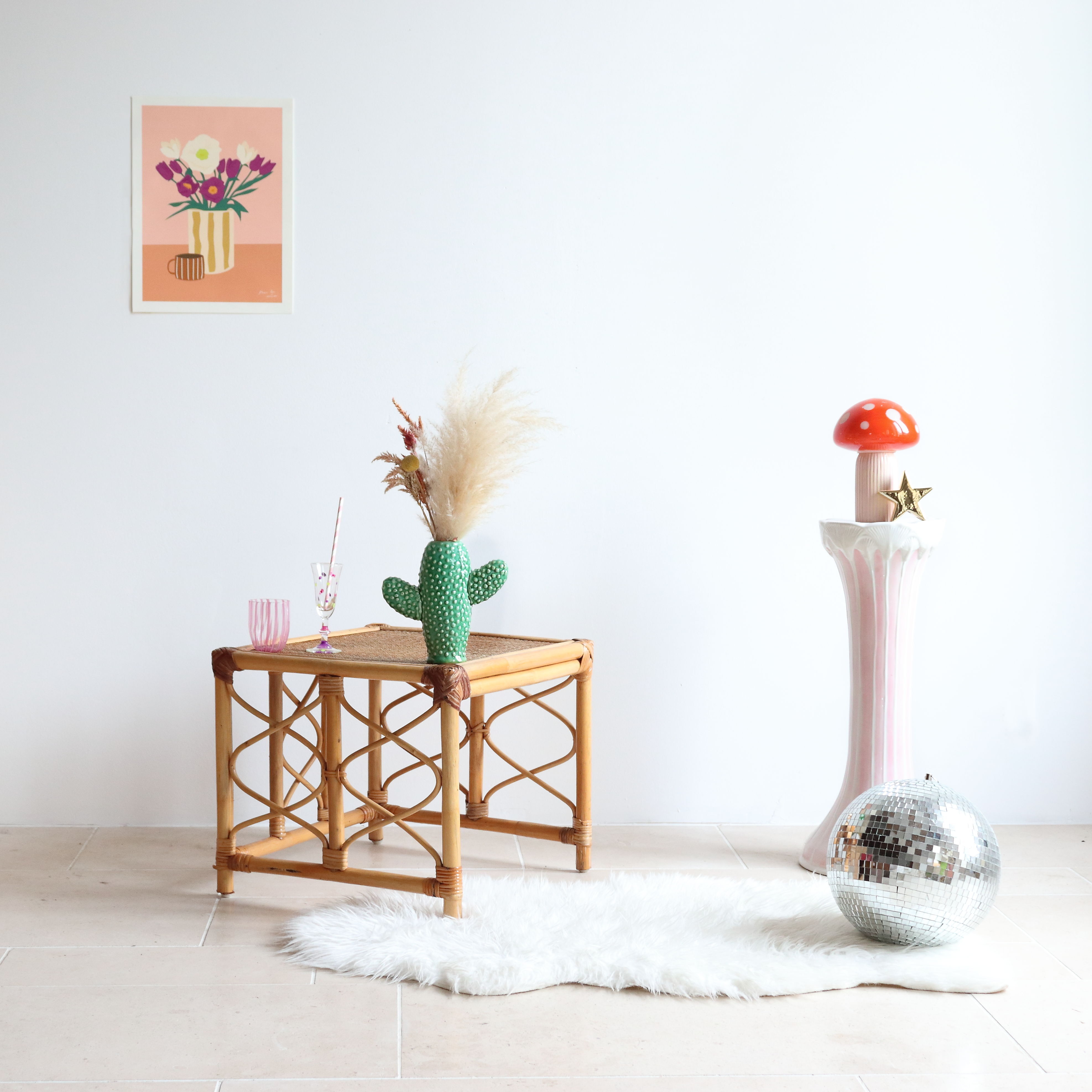 Vintage square rattan side coffee table