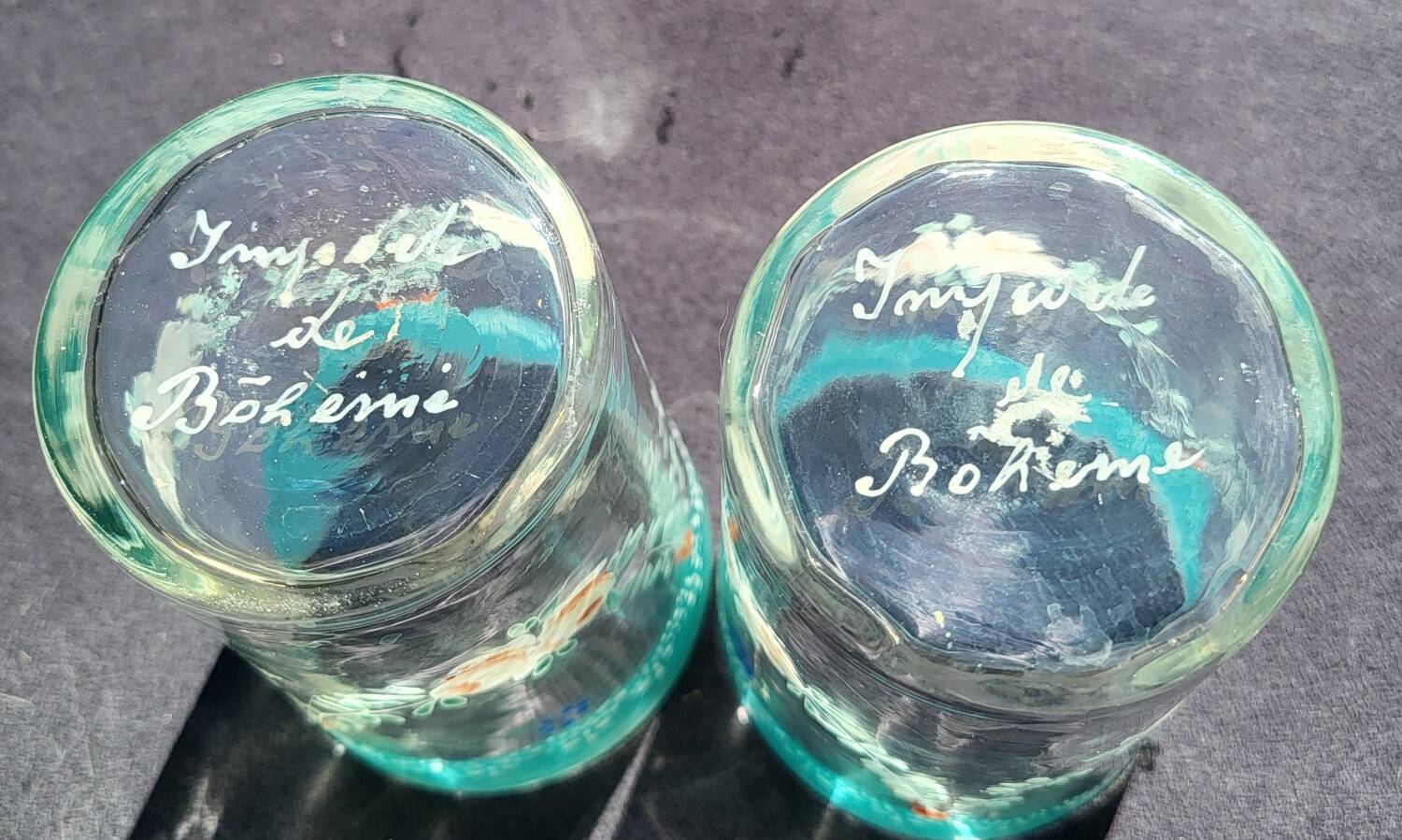 2 bohemian fine green enameled glasses
