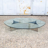 Brutalist coffee table with steel base and 70s glass top