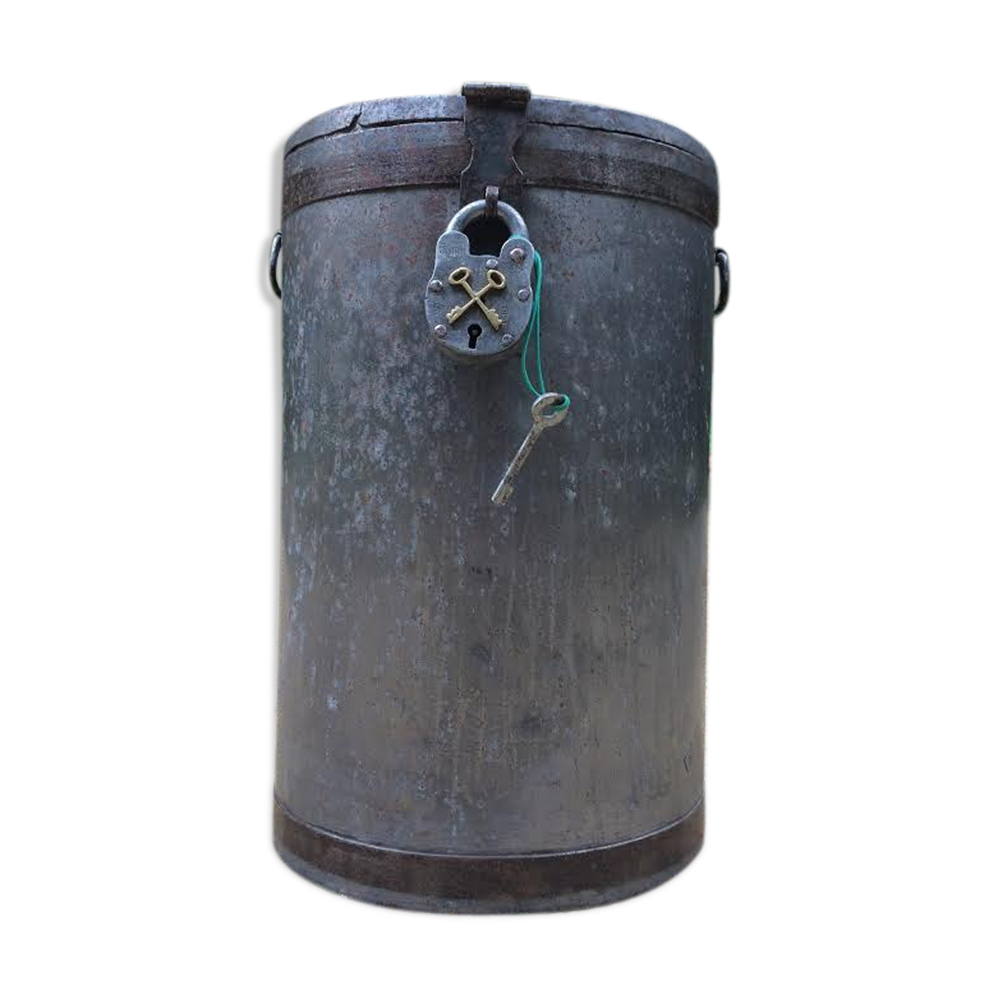 Round box industrial metal barrel with solid padlock