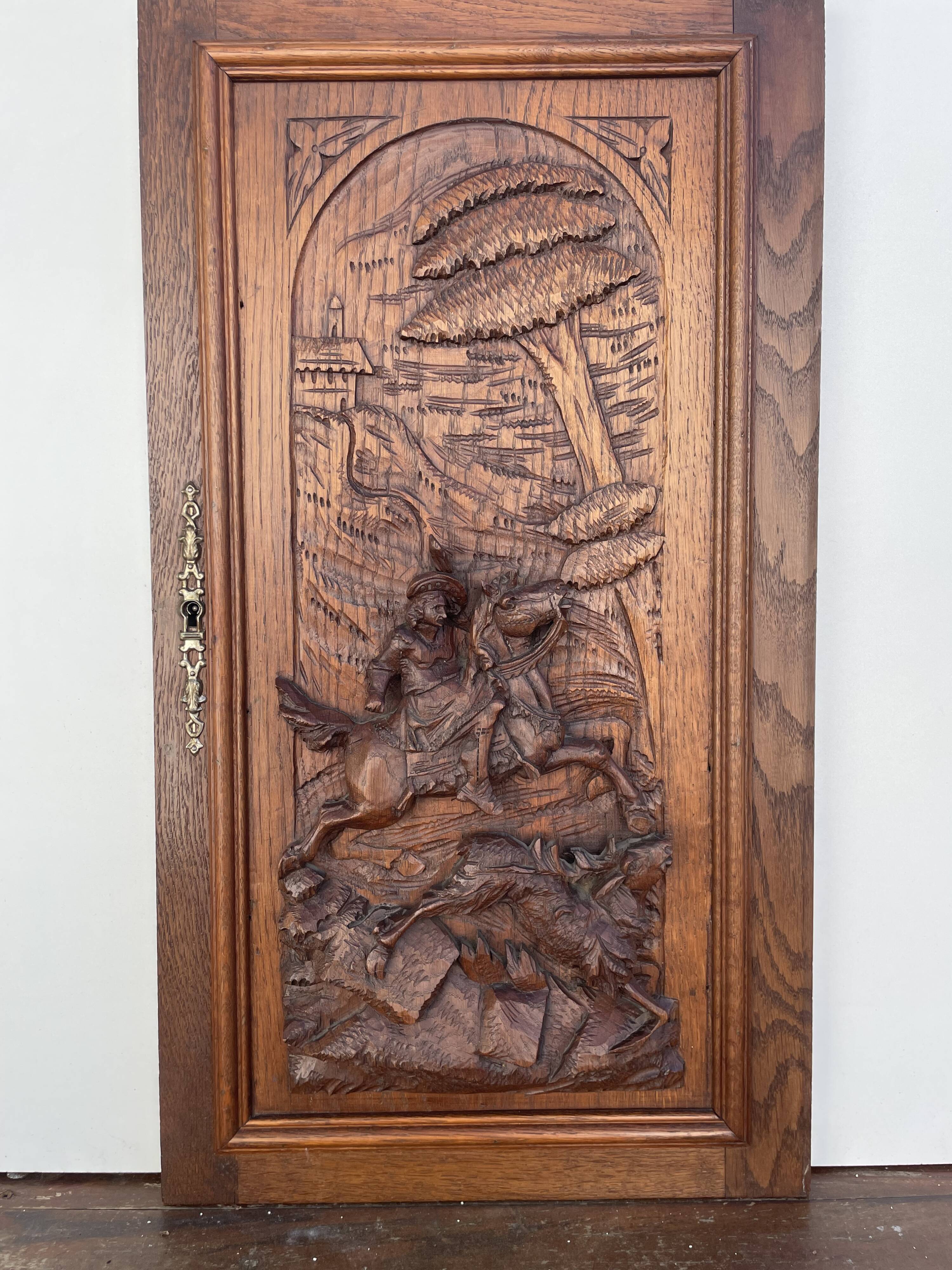 Old carved wooden door panel bas relief hunting scene (oak)