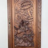 Ancien panneau porte bois sculpté bas relief scène de chasse (chêne)