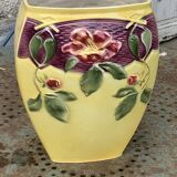Yellow glazed ceramic slip vase with hawthorn pink flower motif