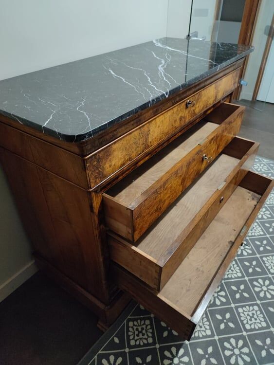 Secretary chest of drawers Louis Philippe in mahogany and marble, mid-nineteenth