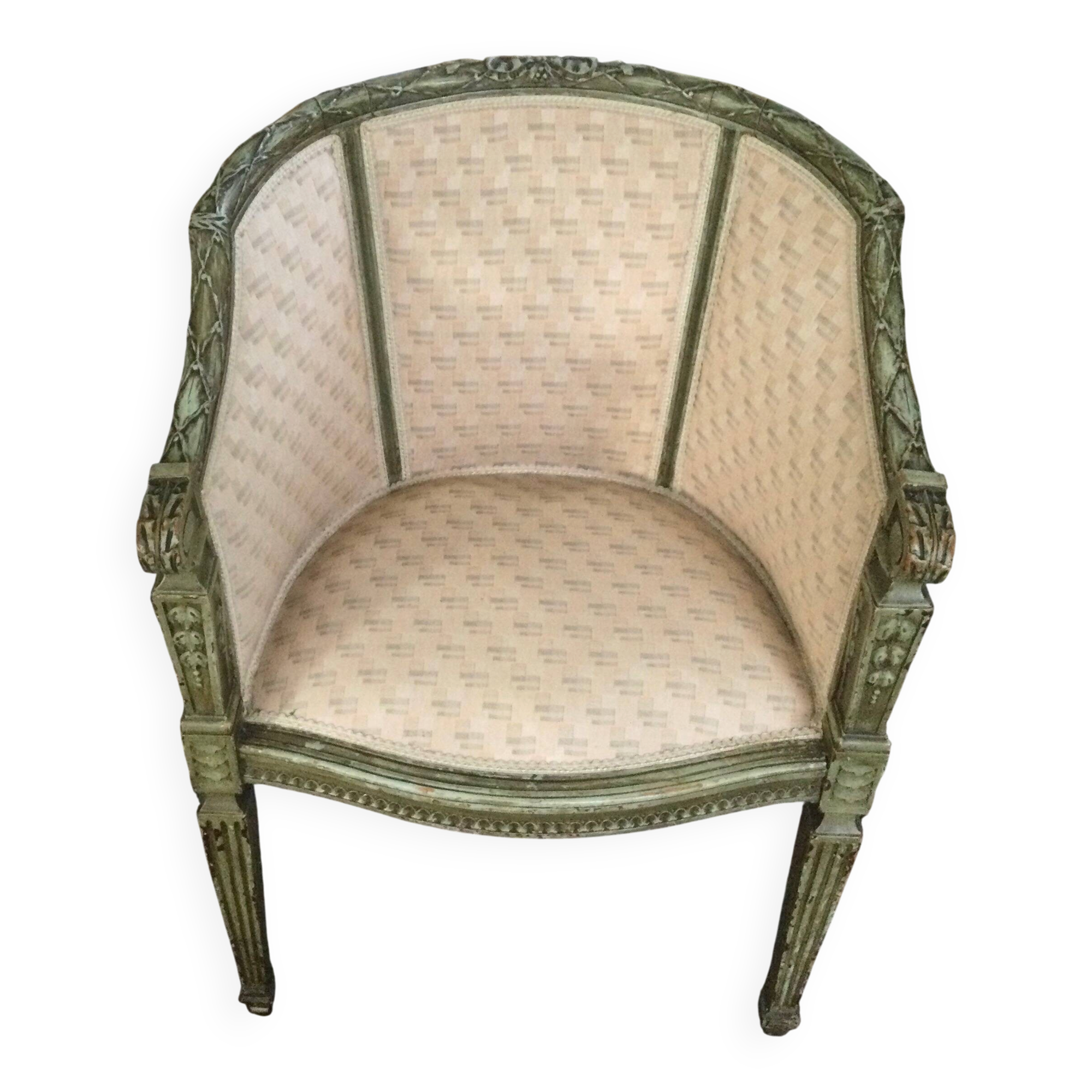 Antique Bergère armchair in Louis XVI style - Beige geometric fabric