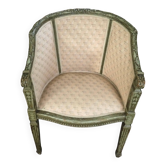 Fauteuil Bergère ancienne style Louis XVI - Tissu géométrique beige