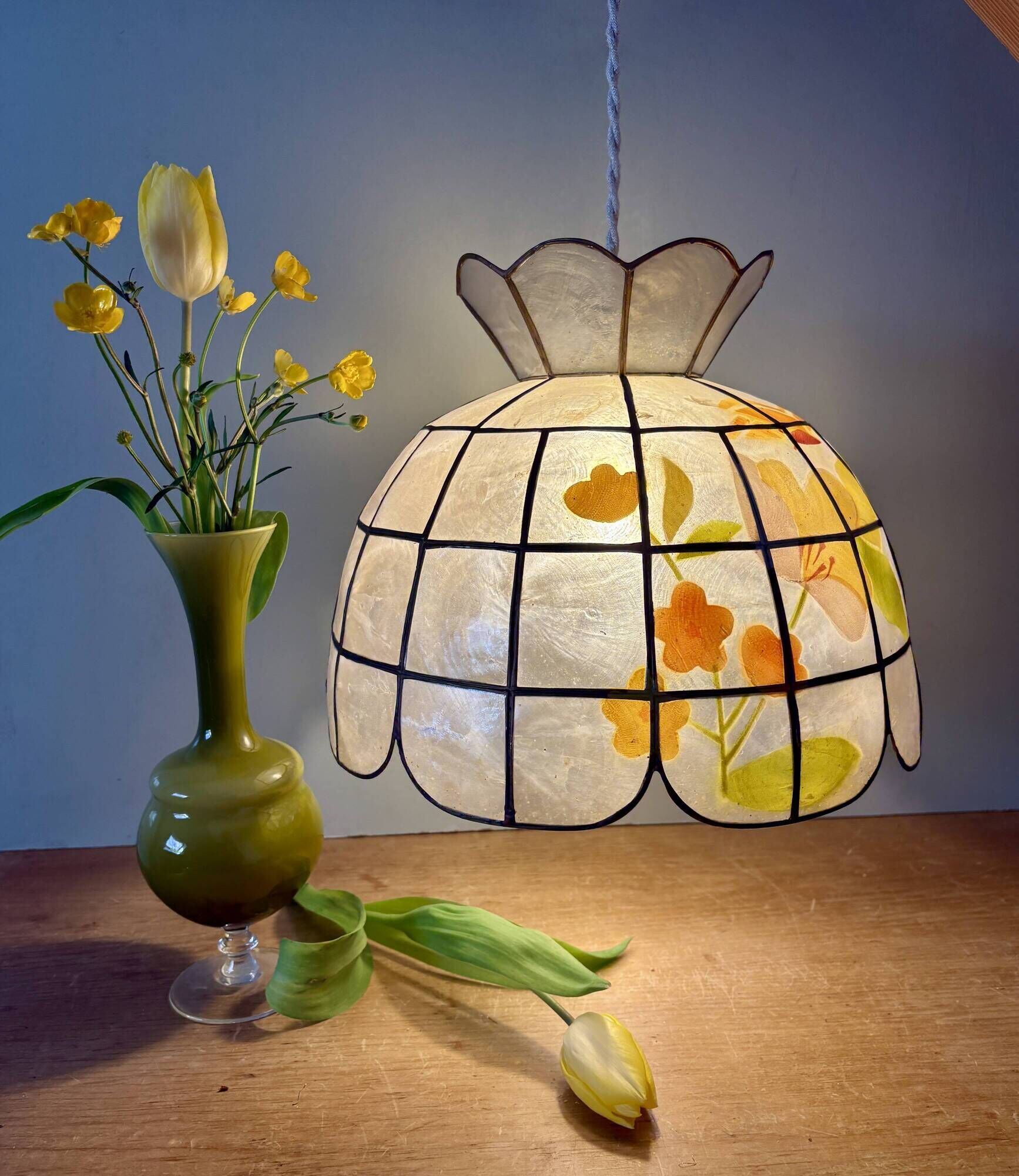 Vintage mother-of-pearl and brass lampshade pendant light with flower decorations