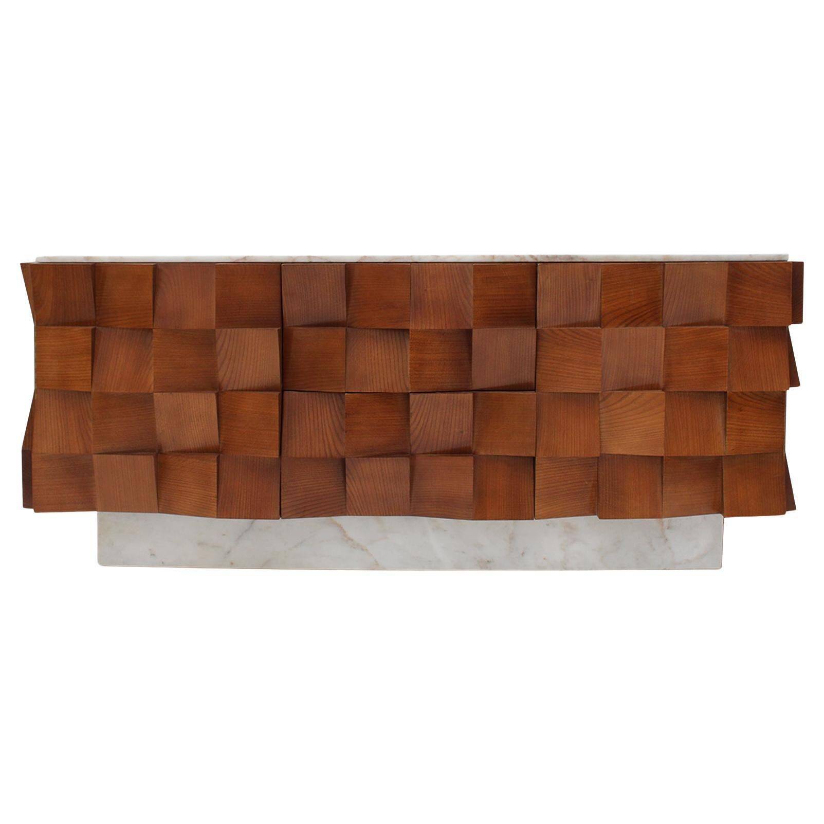 Brutalist Style Sideboard In Solid Wood and Siena Marble