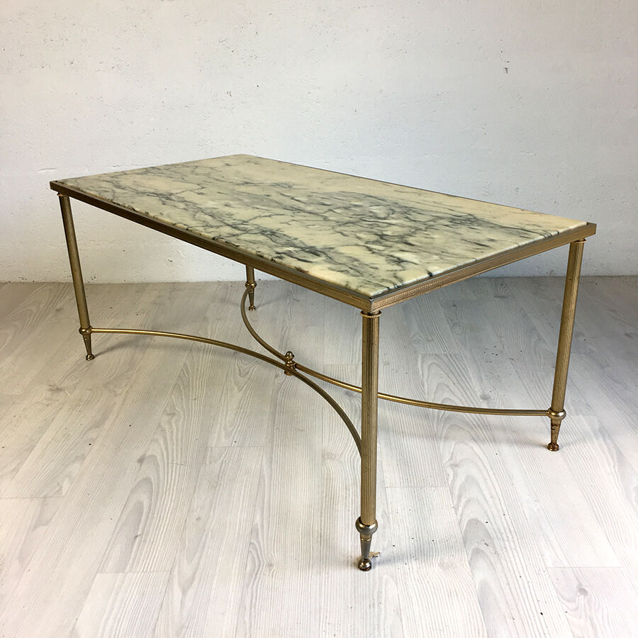 Table low vintage 70's Golden brass and black veined white marble