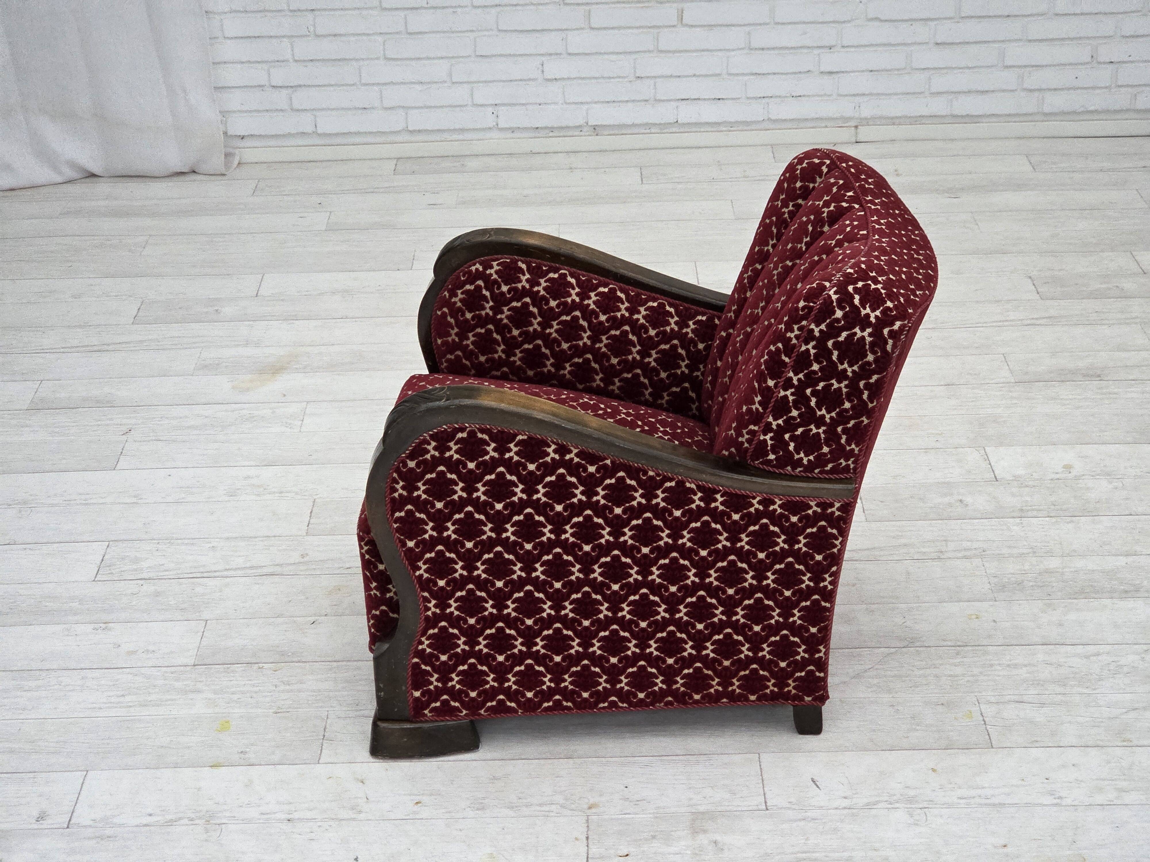 1960s, Danish armchair, cherry-red furniture velour, oak wood.
