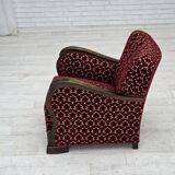1960s, Danish armchair, cherry-red furniture velour, oak wood.