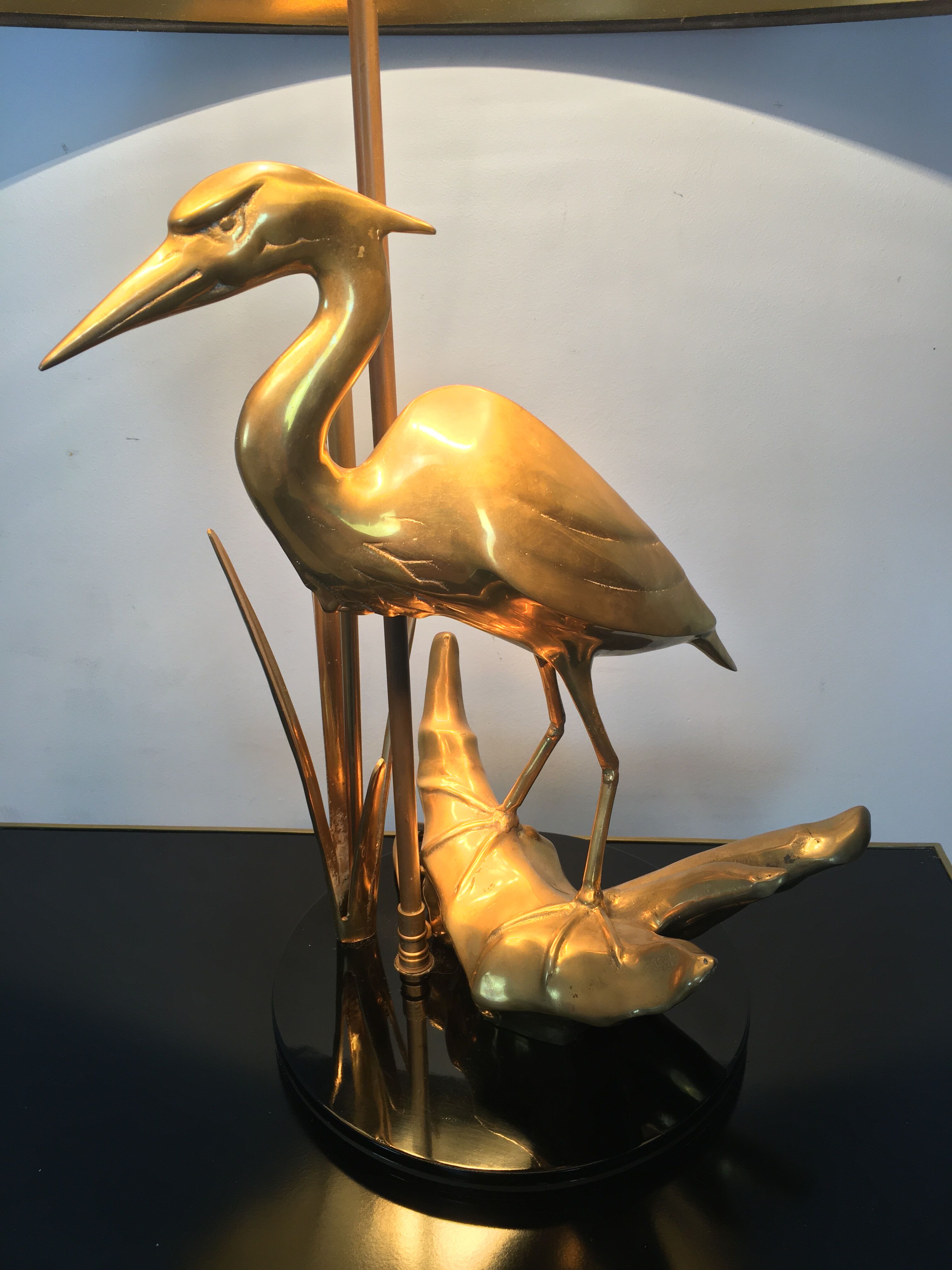 Heron lamp, golden brass animal style