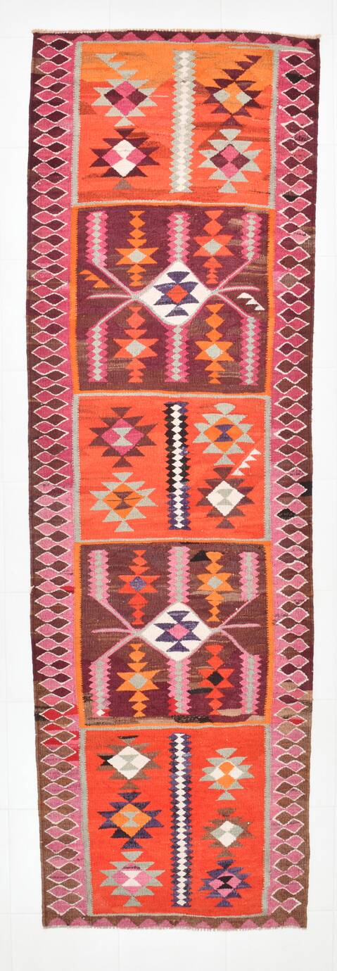 3x11 Pink Brown Vintage Kilim Runner Rug, 104x328Cm