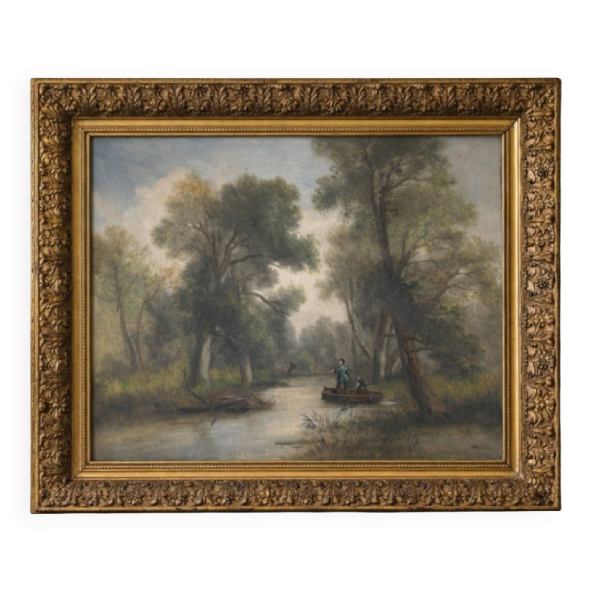 Large old painting landscape river – oil on canvas late 19th century – framed