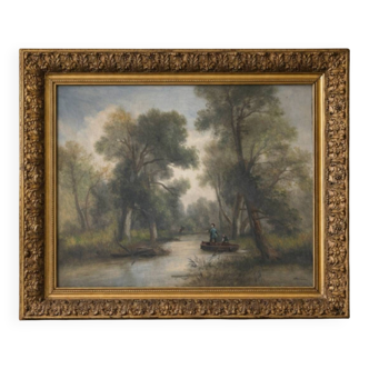 Large old painting of a river landscape – oil on canvas from the late 19th century – framed