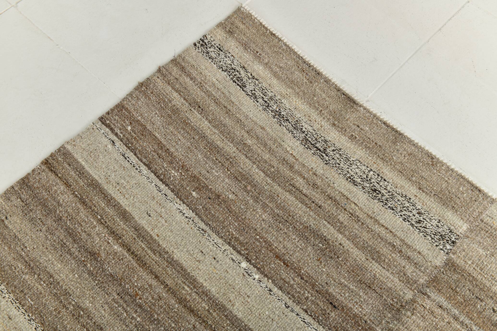 Naturel Wool Beige and Stone Grey Turkish Wool Kilim Rug, 233x293 Cm