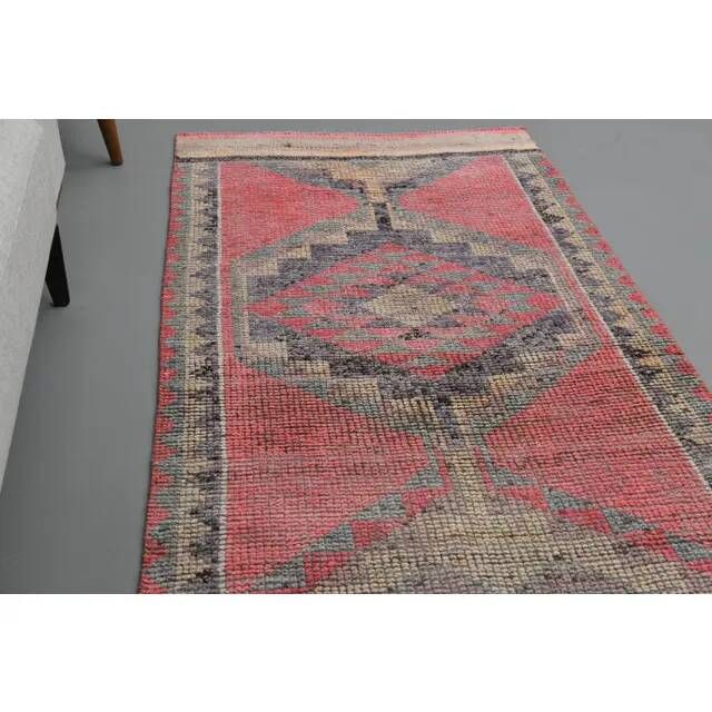 Vintage Turkish Hand-Knotted Wool Cotton Pink Runner Rug 98x330